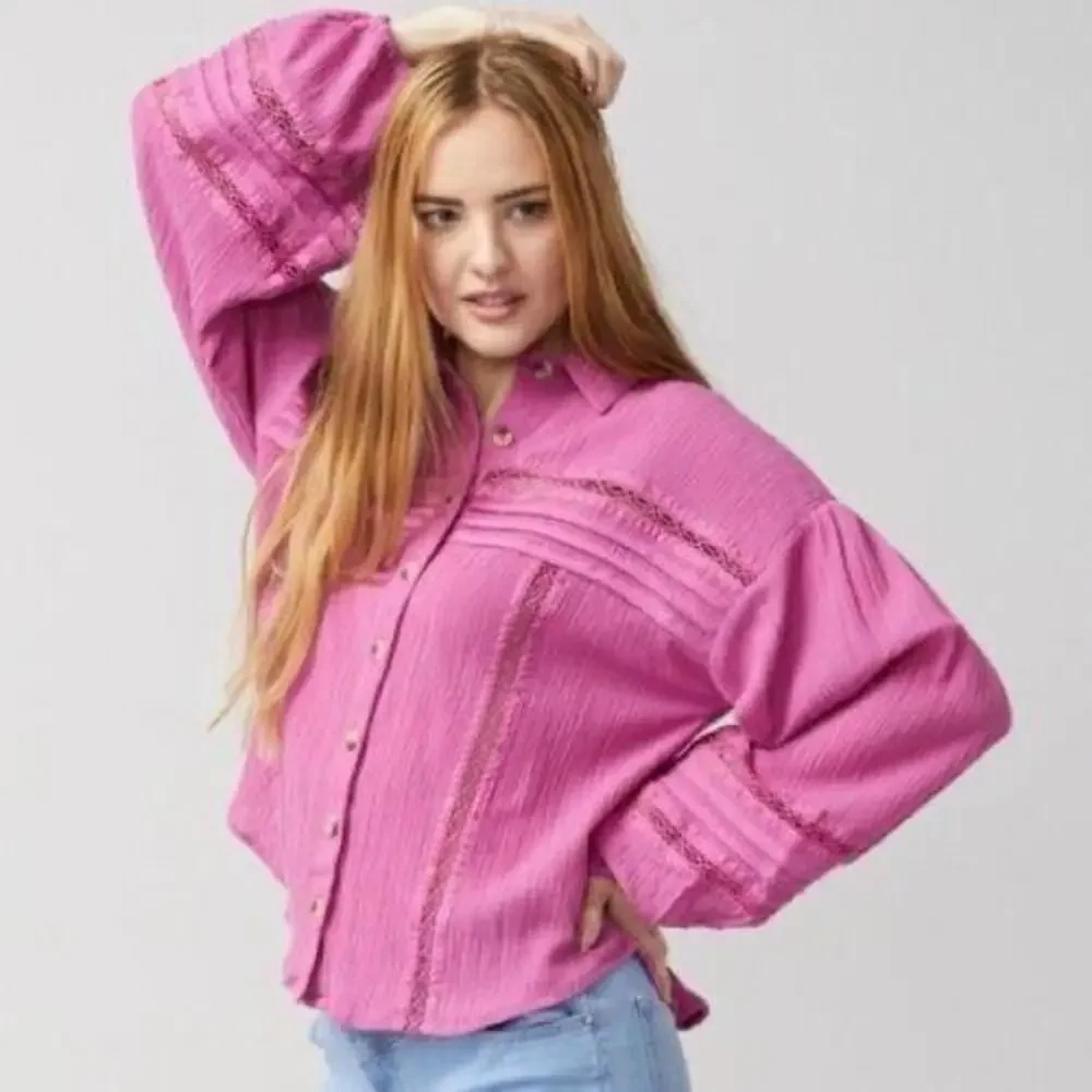 Free People pink crinkle top blouse OB938708 Summer Stars Button Down L
